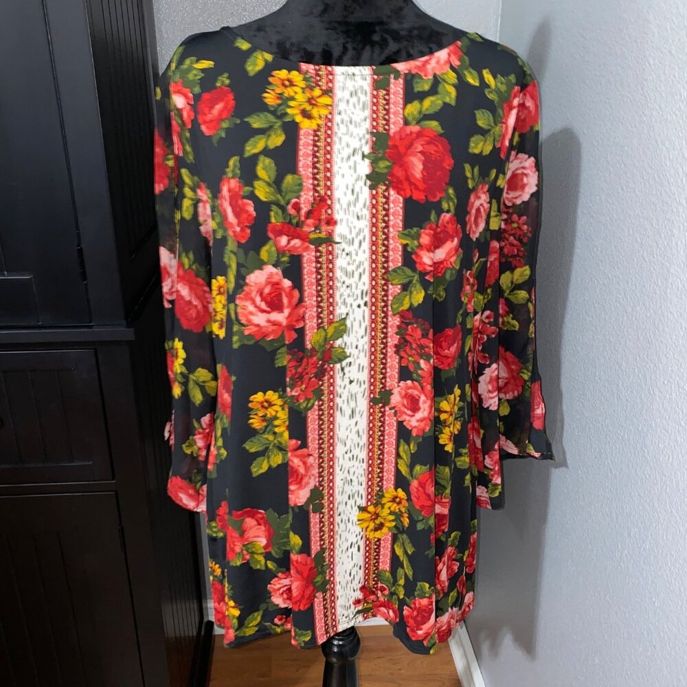 JM Collection Blouse Womens L Black Red Floral Split Sleeve Boho Cottagecore Top